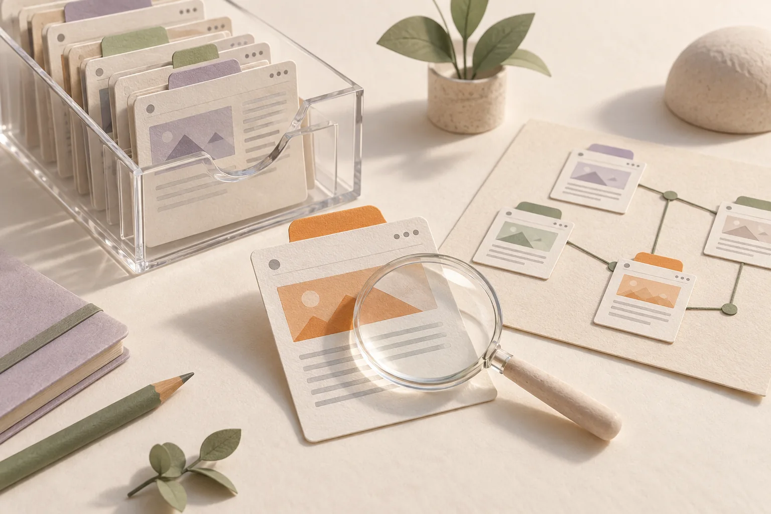 Conceptuele illustratie van webpagina’s in een archief en een losse pagina onder een vergrootglas