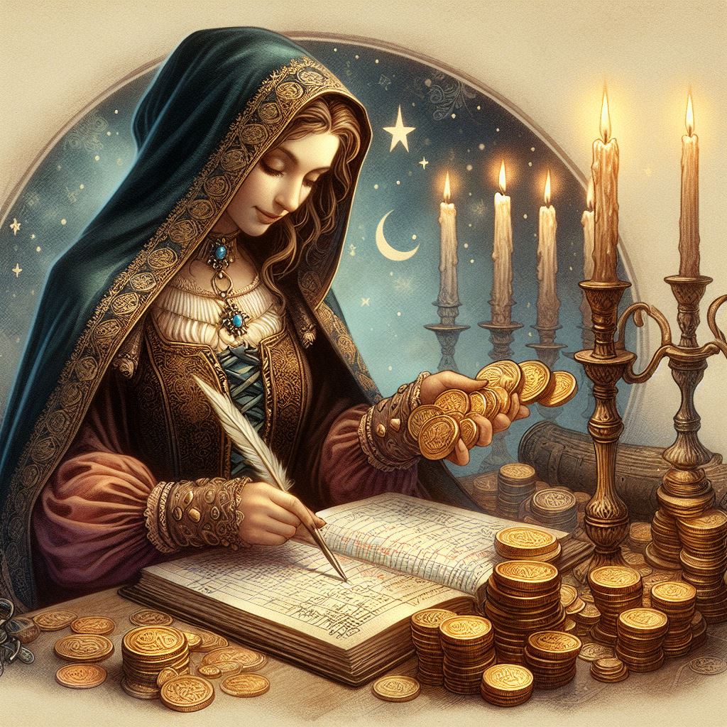 Een afbeelding van een vrouw die aan het schrijven is en stapeltjes geld om haar heen heeft liggen.