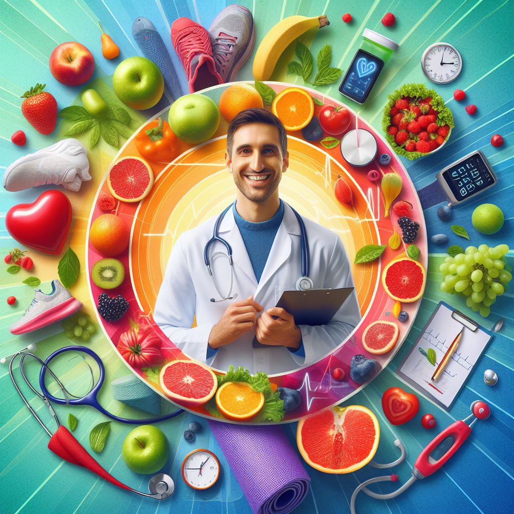 Een afbeelding van een dokter en verschillende soorten fruit