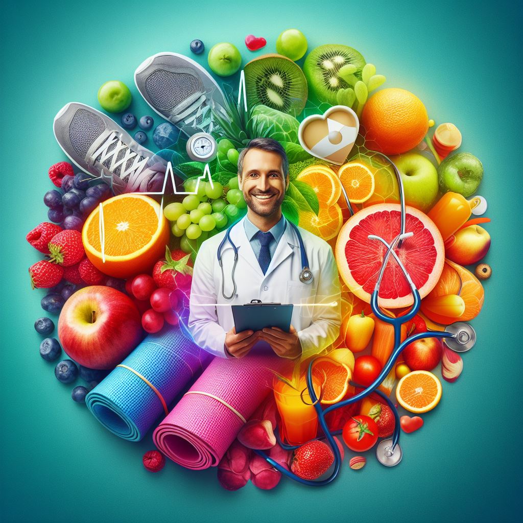 Een afbeelding van een dokter en verschillende soorten fruit
