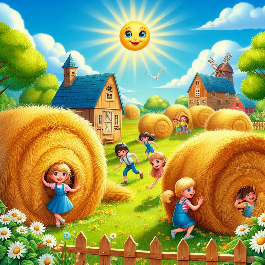 Een foto van kinderen die aan het spelen zijn op een veld, met de zon en een huisje op de achtergrond