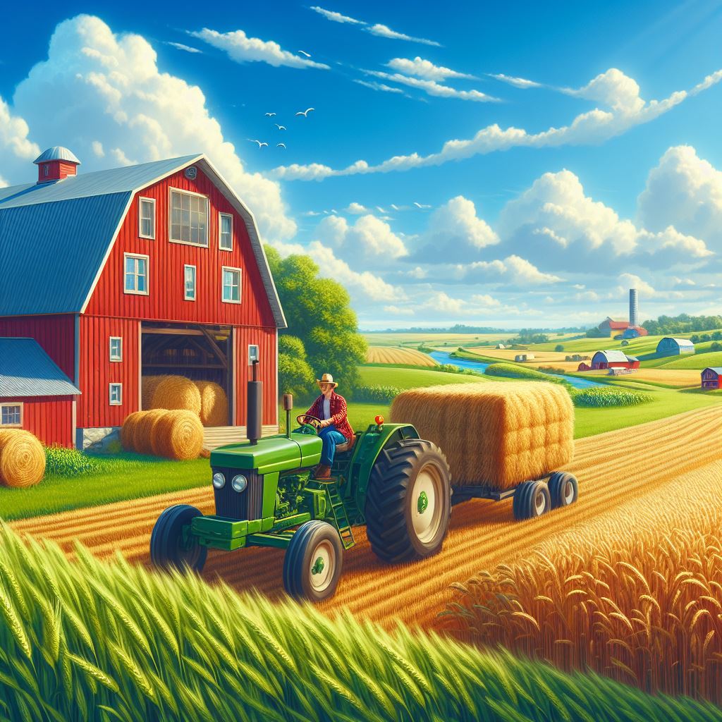 Een afbeelding van een boeren maisveld met een schuur en een tractor 