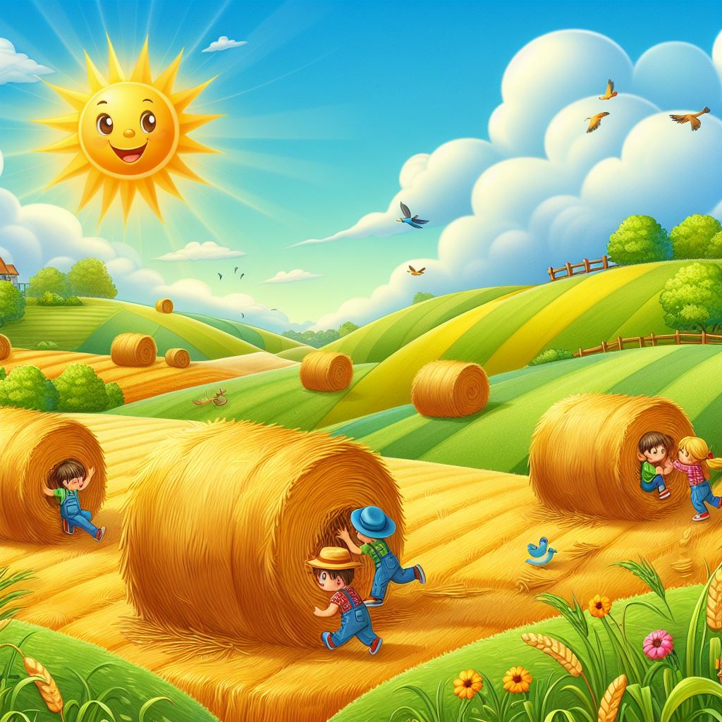 Een foto van kinderen die aan het spelen zijn op een veld, met de zon in de lucht