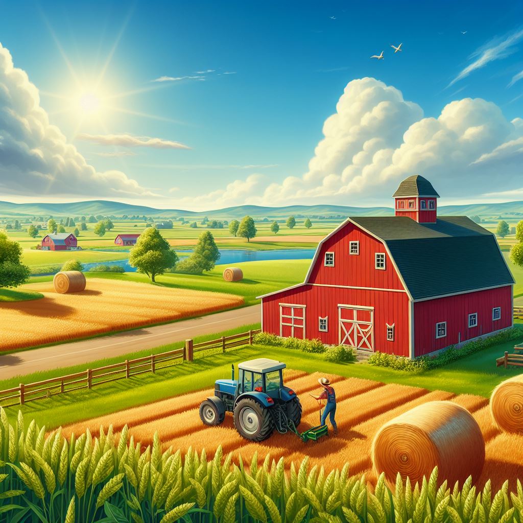 Een afbeelding van een boeren maisveld met een schuur en een tractor 