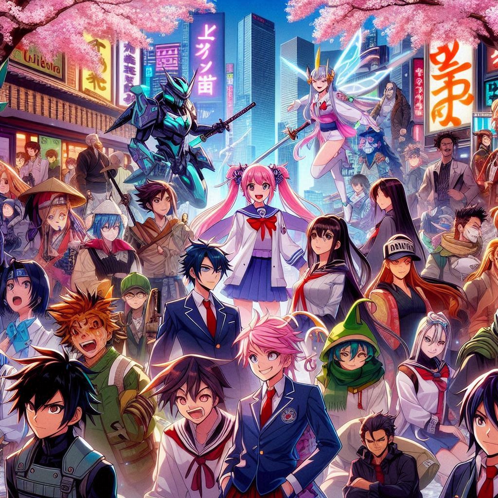 Een foto van verschillende manga figuren 