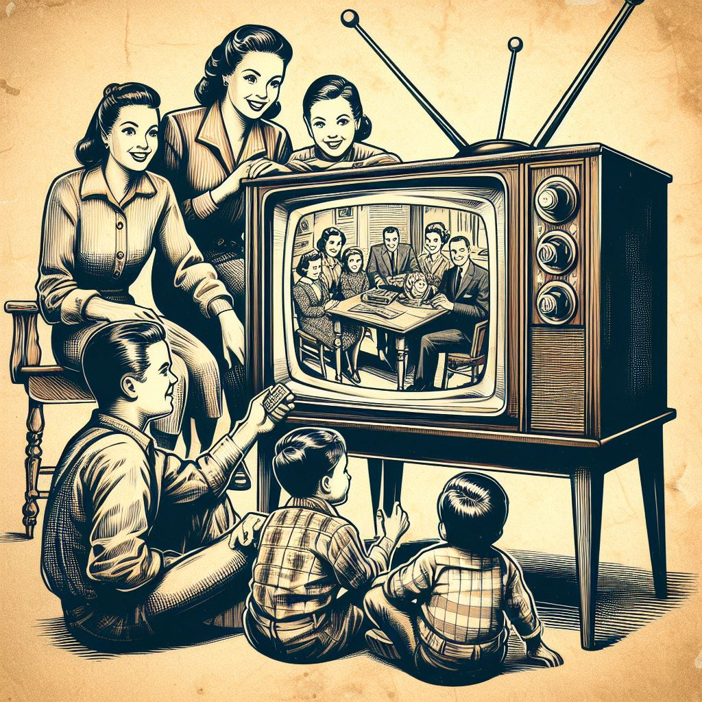Een foto van een oude tv, waar een gezin tv aan het kijken is