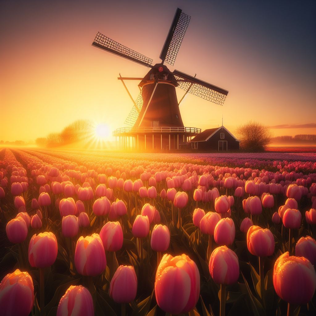 Een foto van een molen, bloemen en de zon