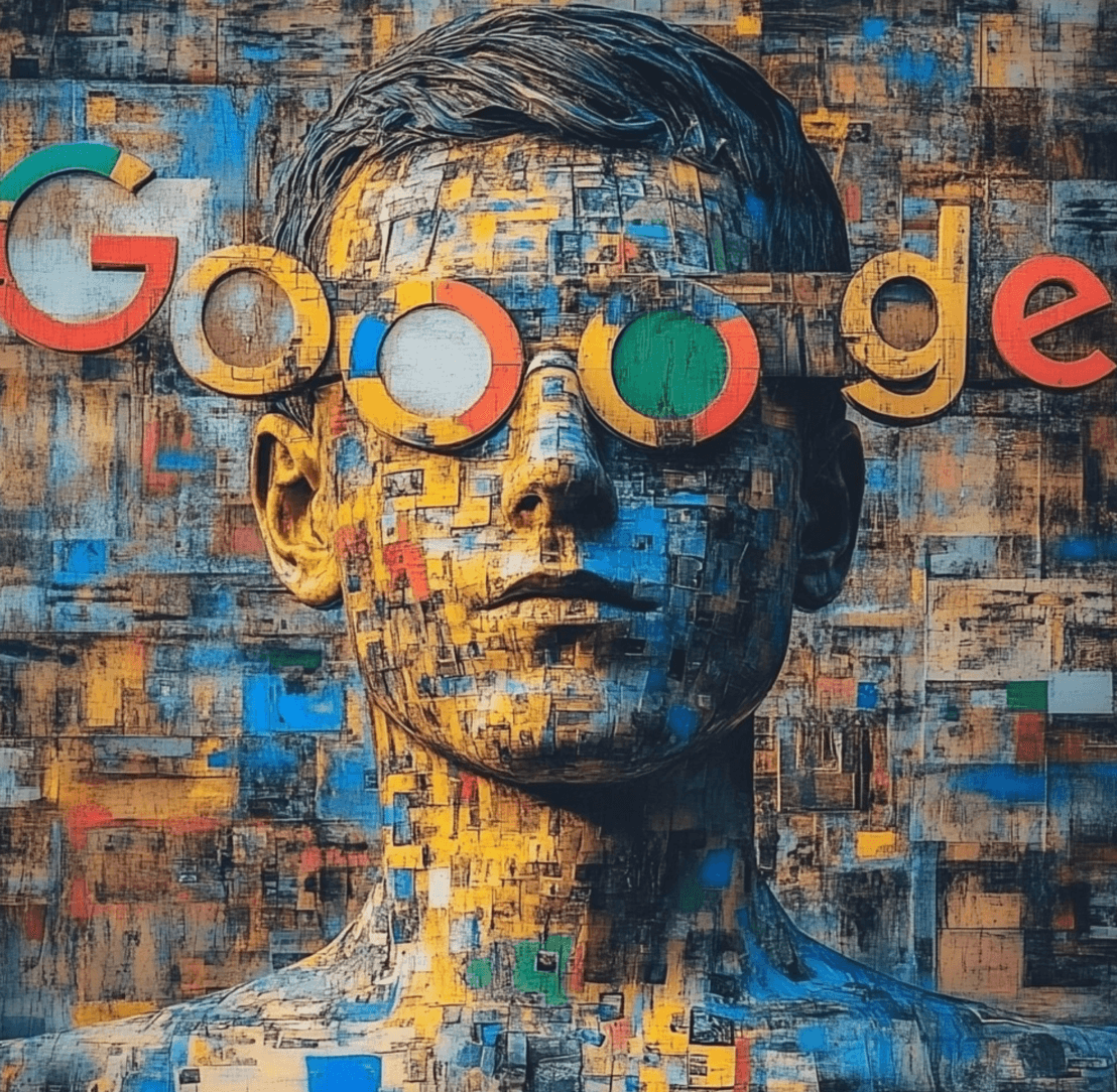 Het woord Google met allemaal linkjes op een mensen hoofd