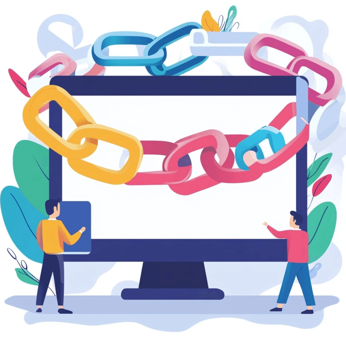 Een afbeelding van een computer met allemaal linkjes en twee poppetjes