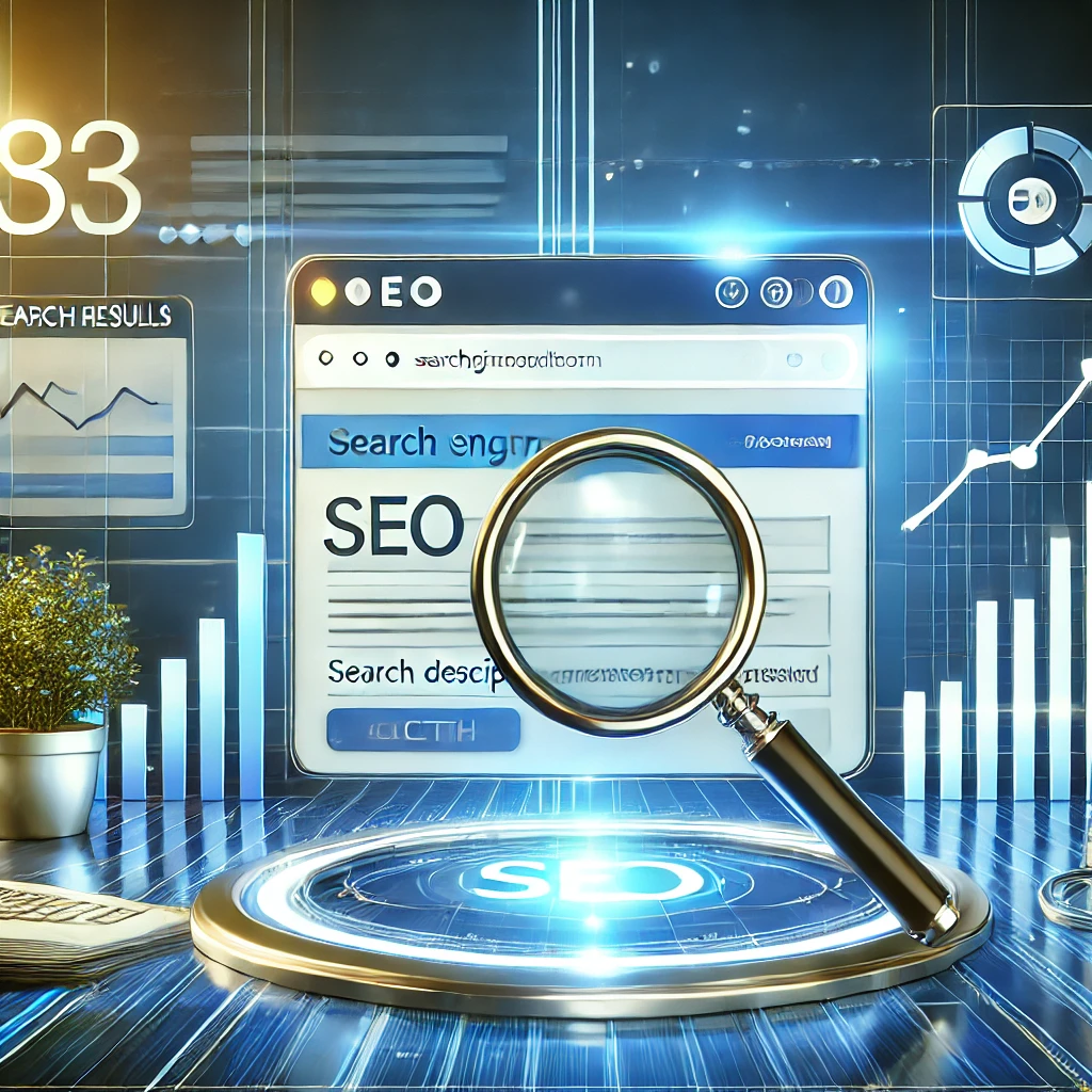 Een blauwe browser waar je op ziet seo en meta description