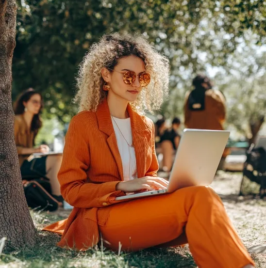 vrouw die op haar laptop in de natuur werkt aan haar EEAT content