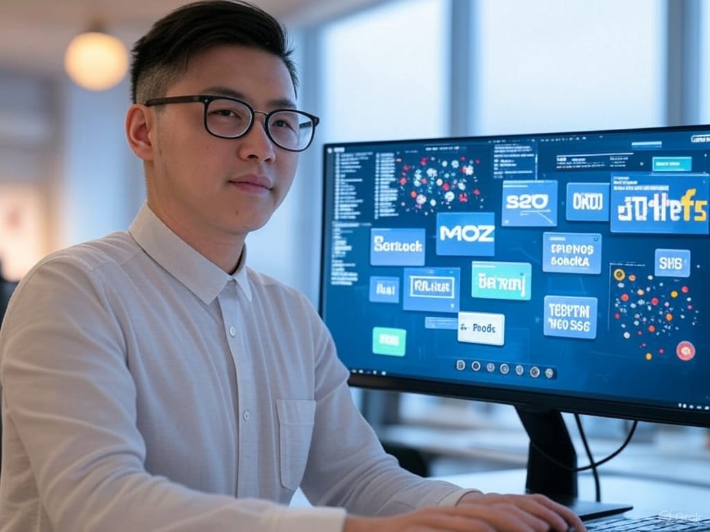 Een jongen bij een computer waar je moz en ahrefs op ziet