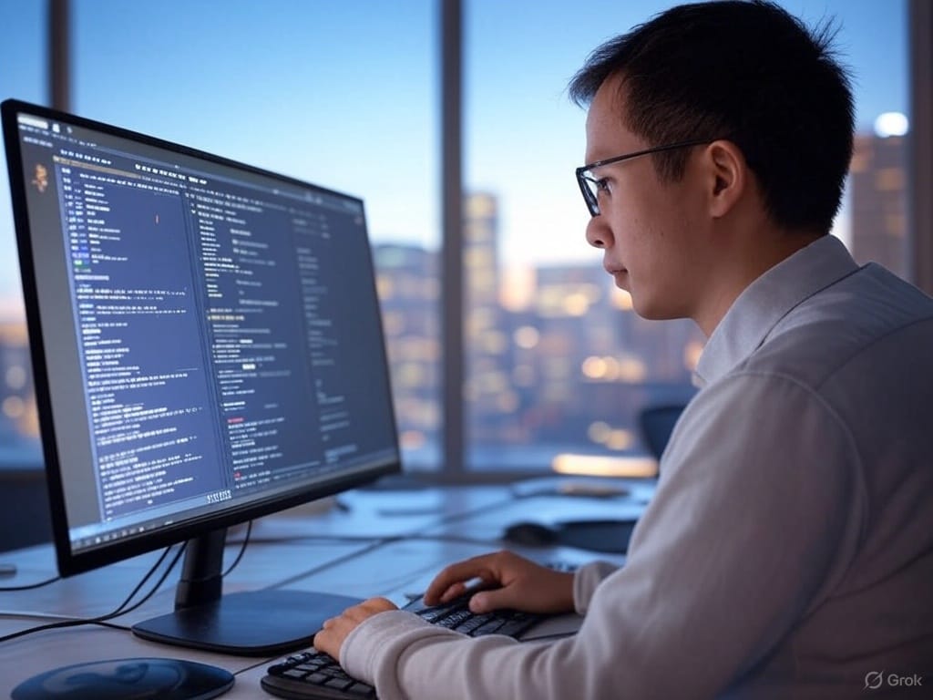 Aziatische man die met ahrefs werk op een desktop computer