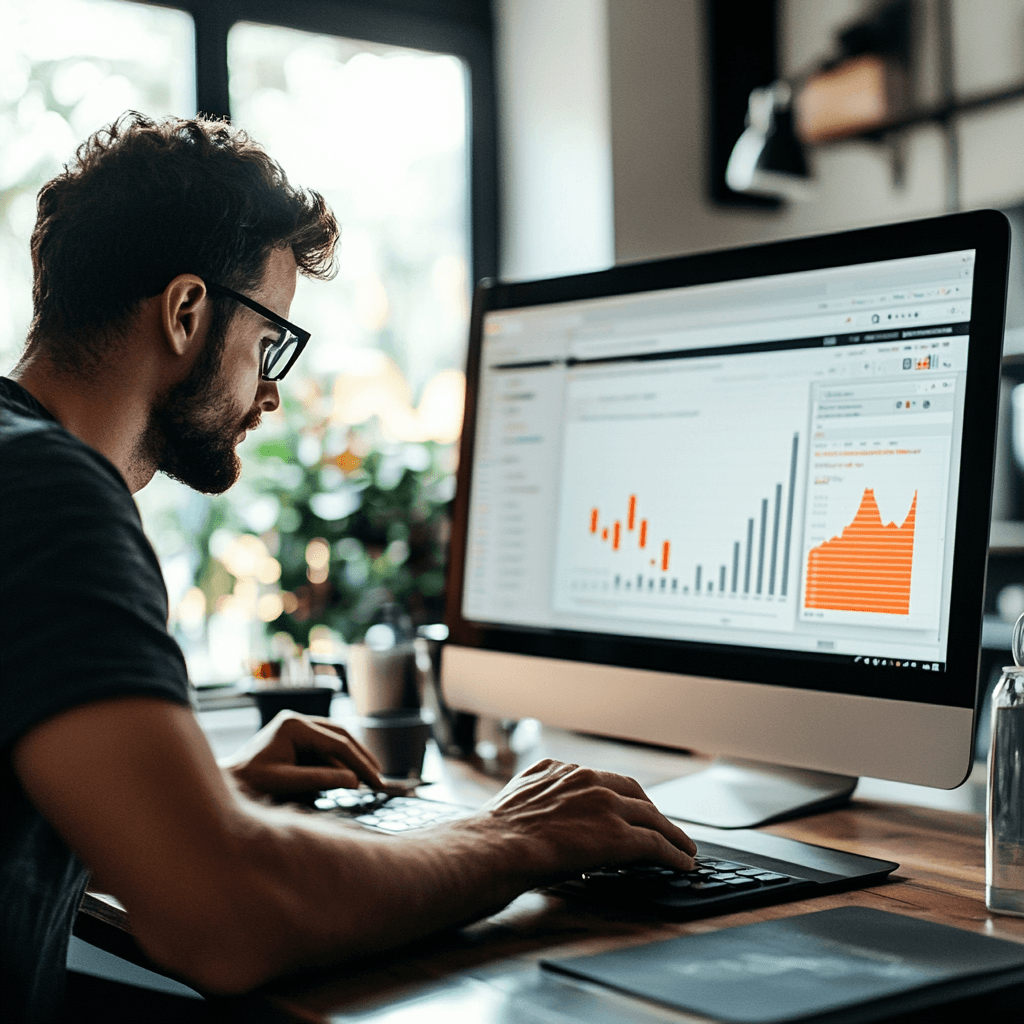 Man die op een computer aan het werk is aan het click trough rate