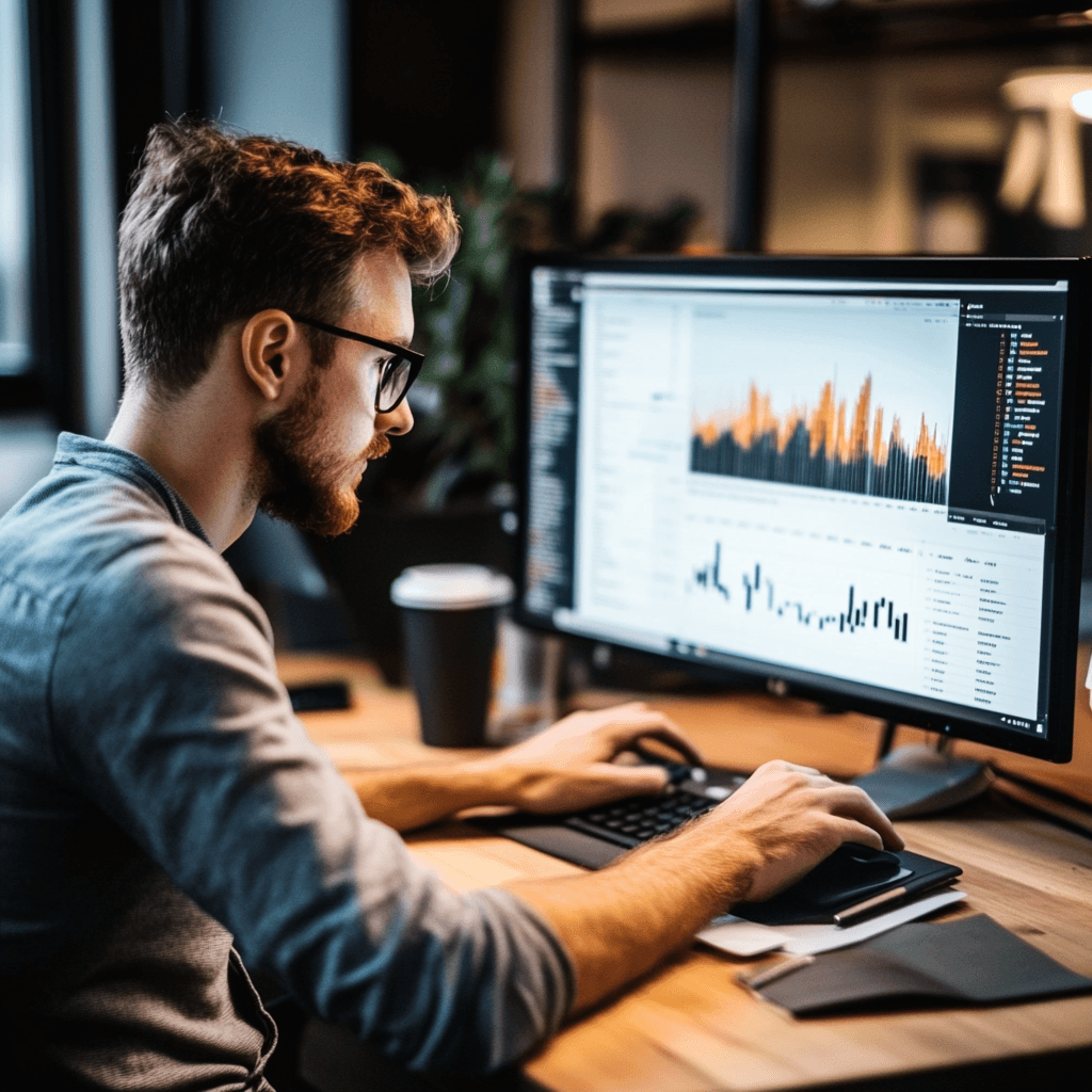 Man met bril die hard aan het werk is om zijn click trough rate te verhogen