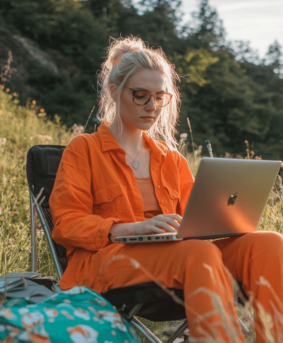 Vrouw met laptop in de duinen die de EEAT update op haar laptop verwerkt