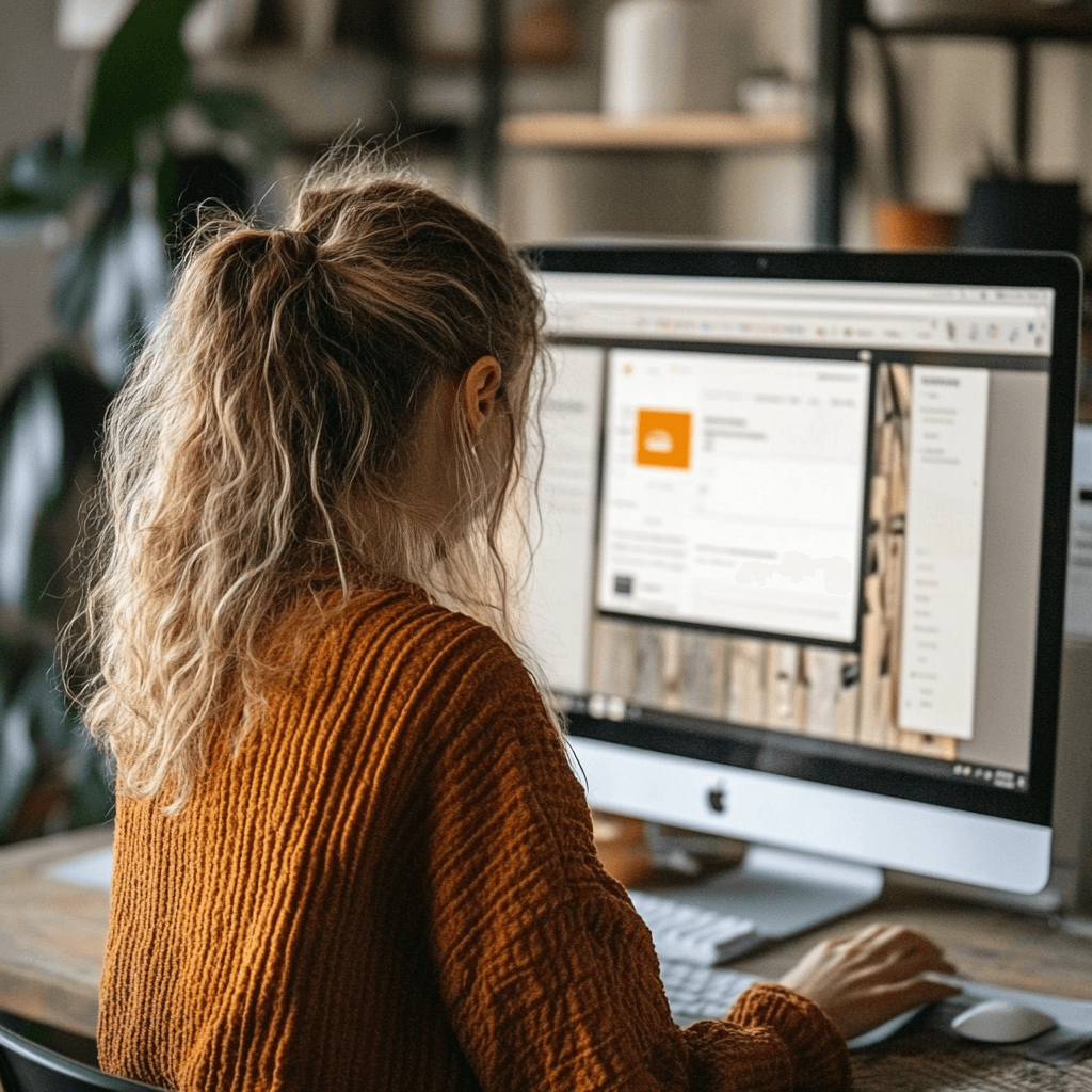 Vrouw achter een computer die aan het werk is met een oranje shirt en een staart