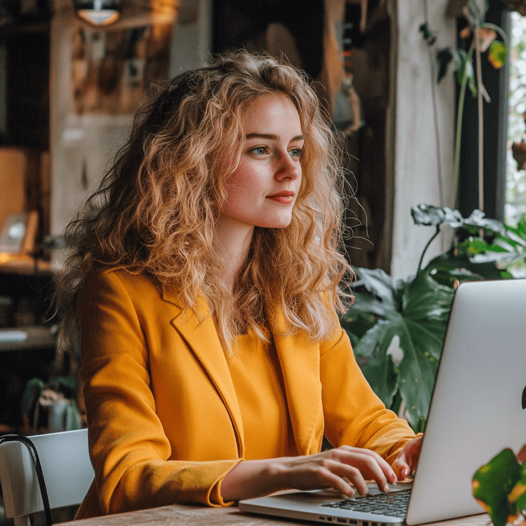 Vrouw met veel groen op de achtergrond die hard werkt