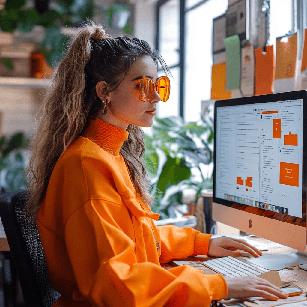 Vrouw met leuke oranje zonnebril die op de computer werkt met semrush