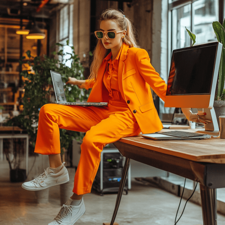 Vrouw die met semrush aan het werk is en op een bureau zit