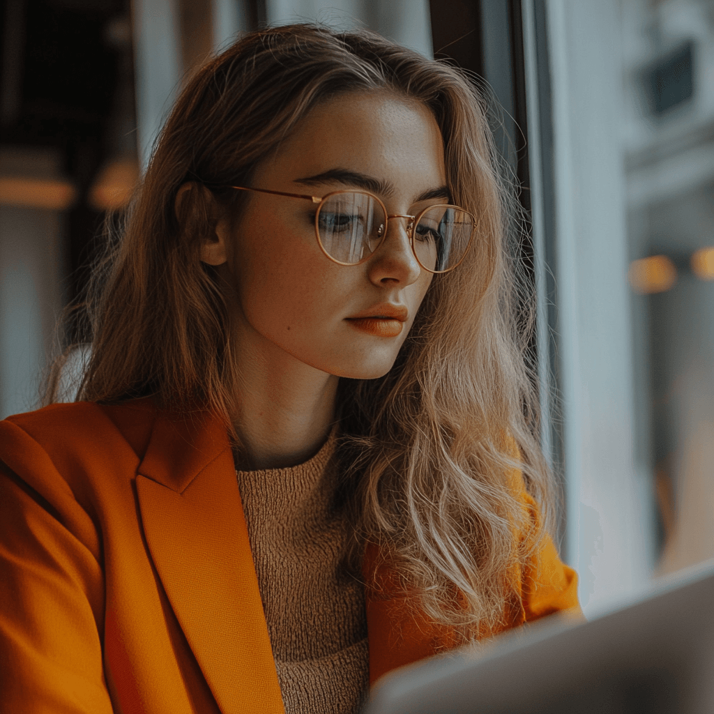 vrouw die werkt aan marketing en ze heeft een bril op 