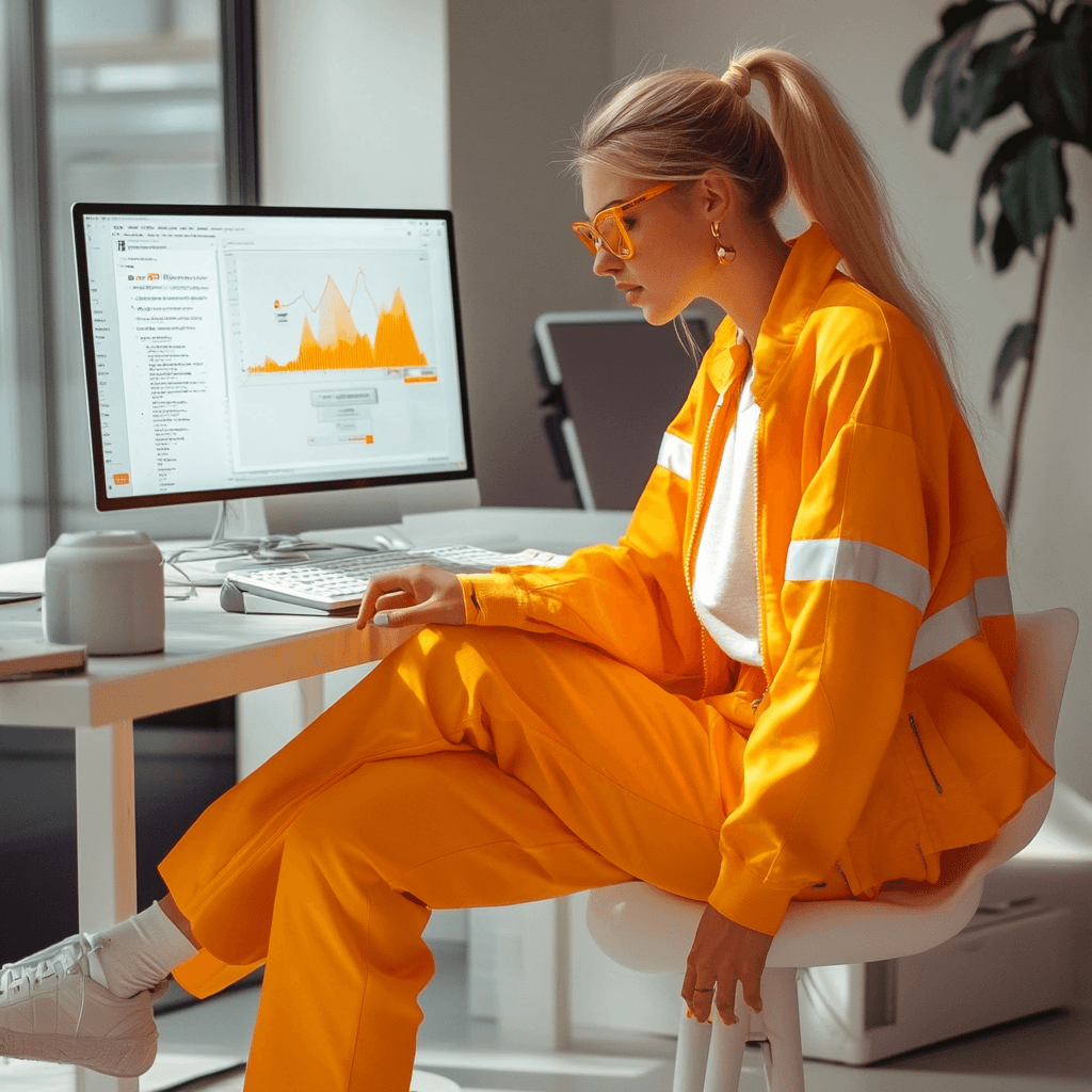 Trainingspak en een vrouw die op de computer zitten