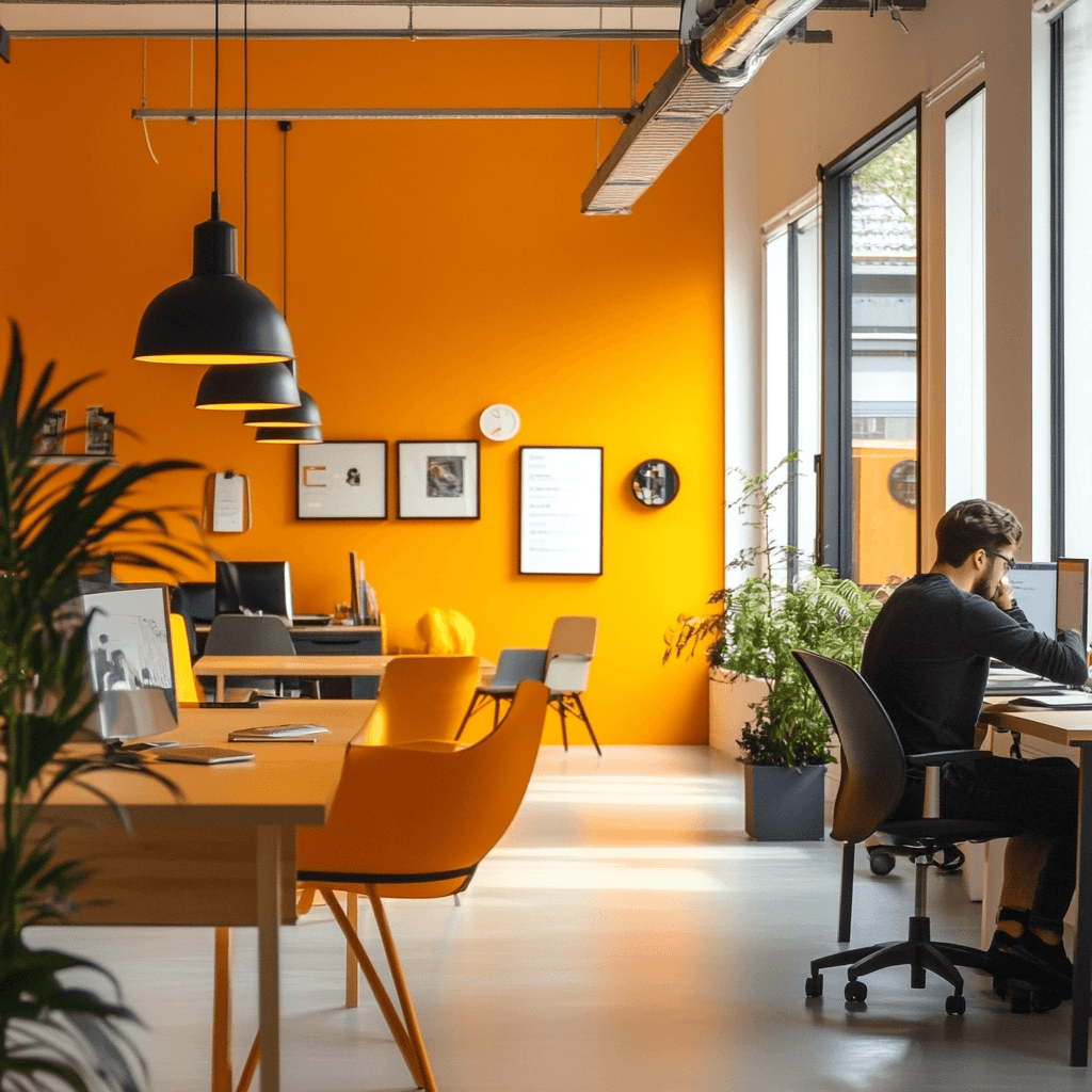 Een lange tafel met een oranje muur en een man die op een laptop werkt aan seo