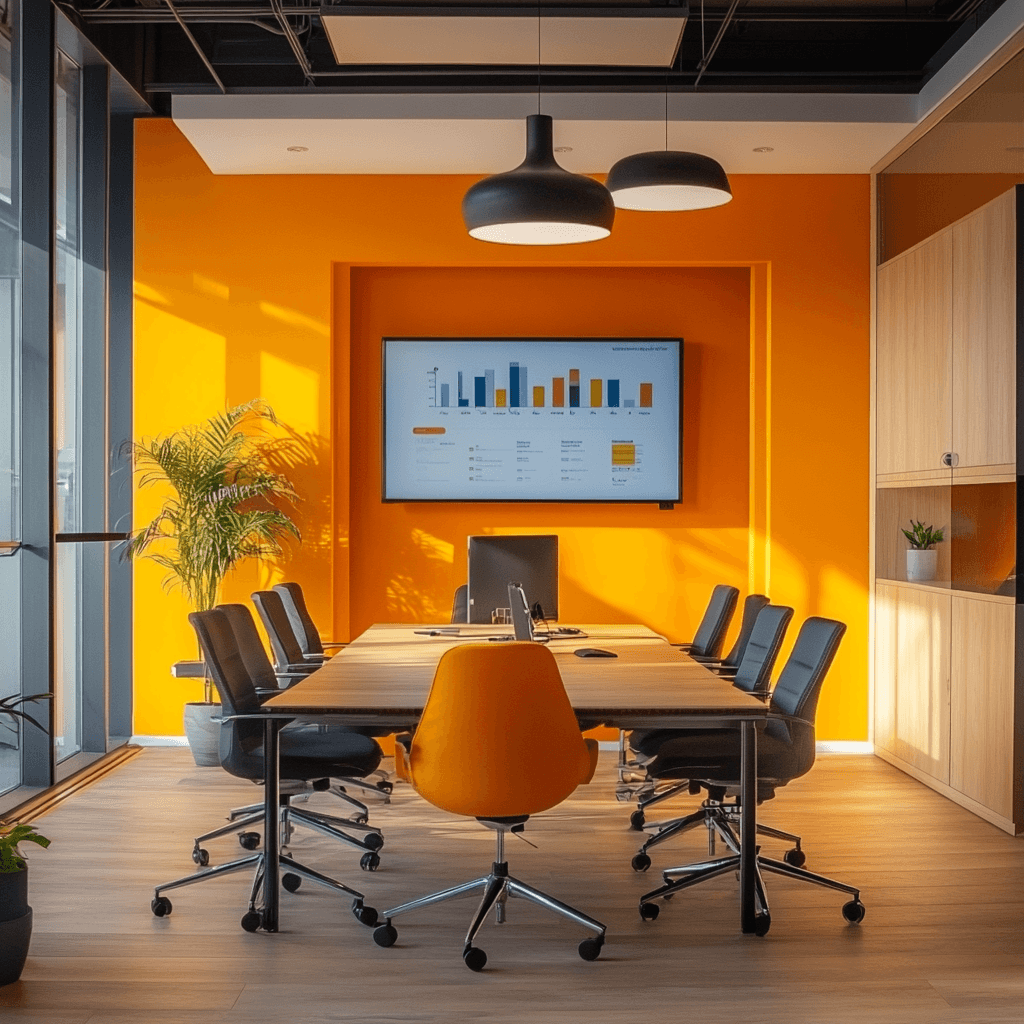 een vergader ruimte met stoelen en een televisie aan de muur met de kleur oranje