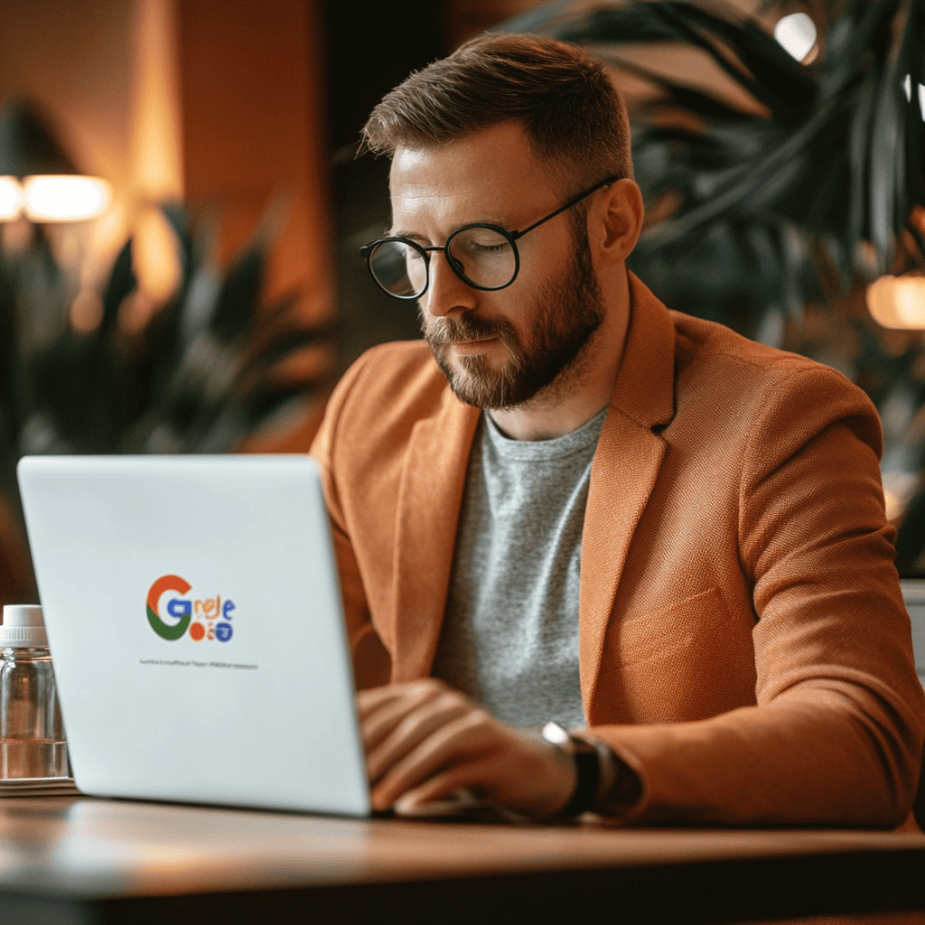 Man die werkt aan seo met een oranje blazer aan