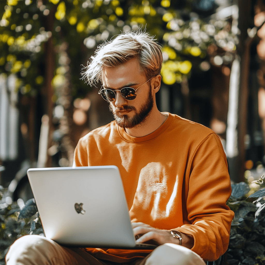 Man die buiten op een laptop werkt met een zonnebril op op een laptop met ahrefs