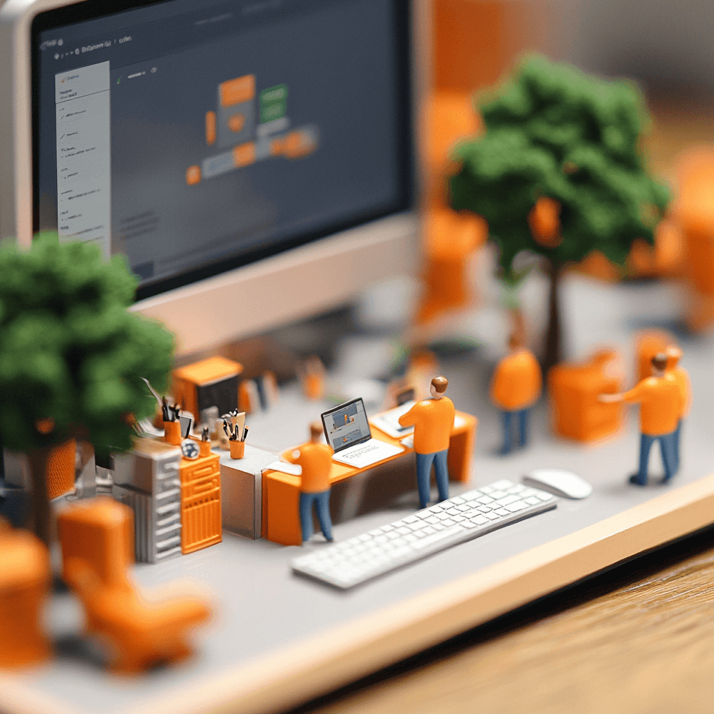 kleine mensen die bij een computer aan het werk zijn om de website te maken