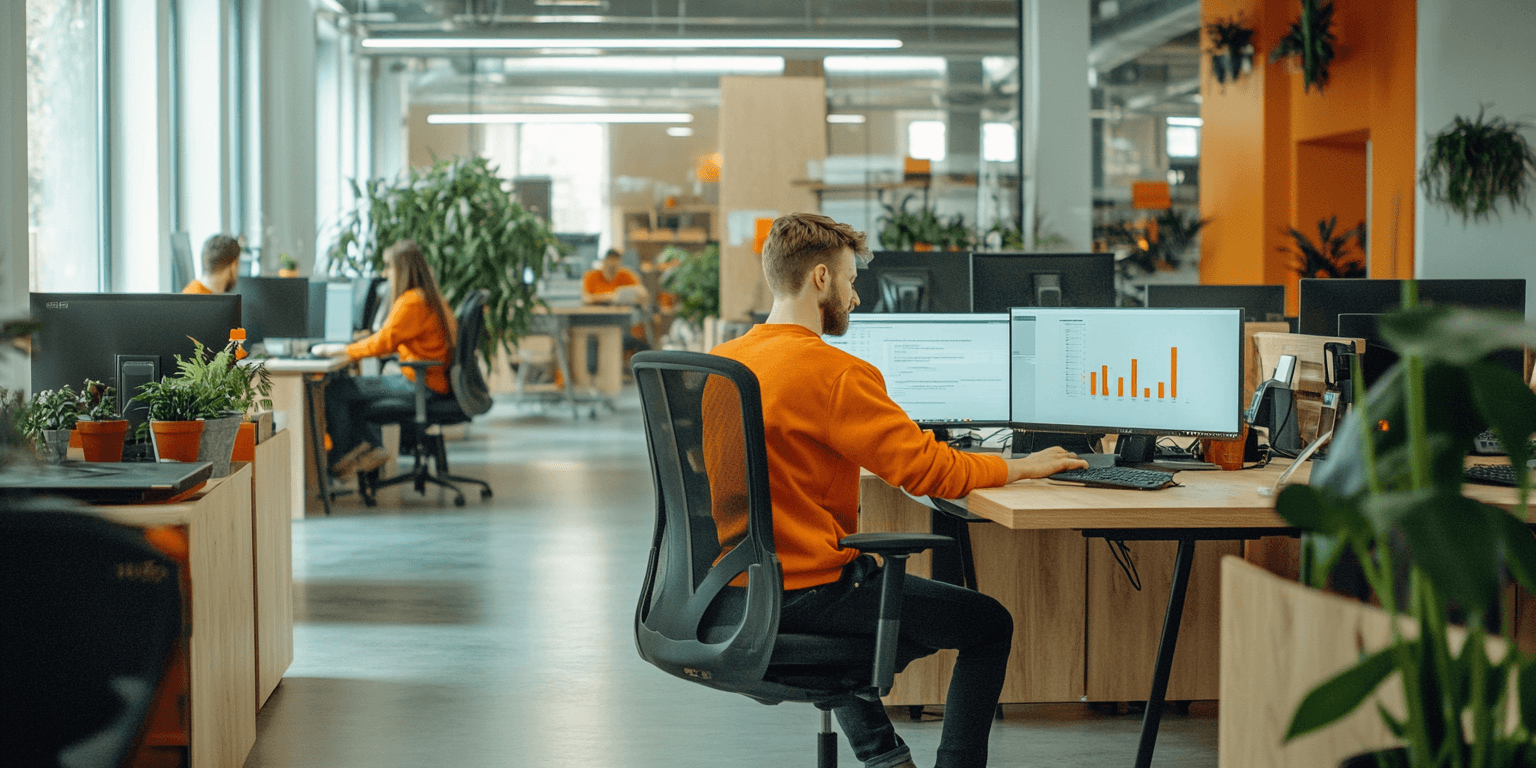 kantoor met mensen en planten die aan het werk zijn aan marketing