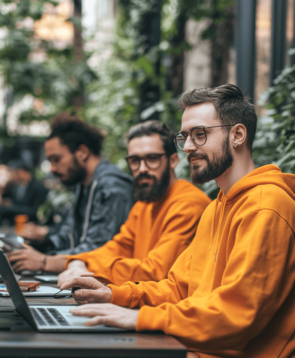 Twee mannen die buiten aan het werk zijn aan de EEAT content