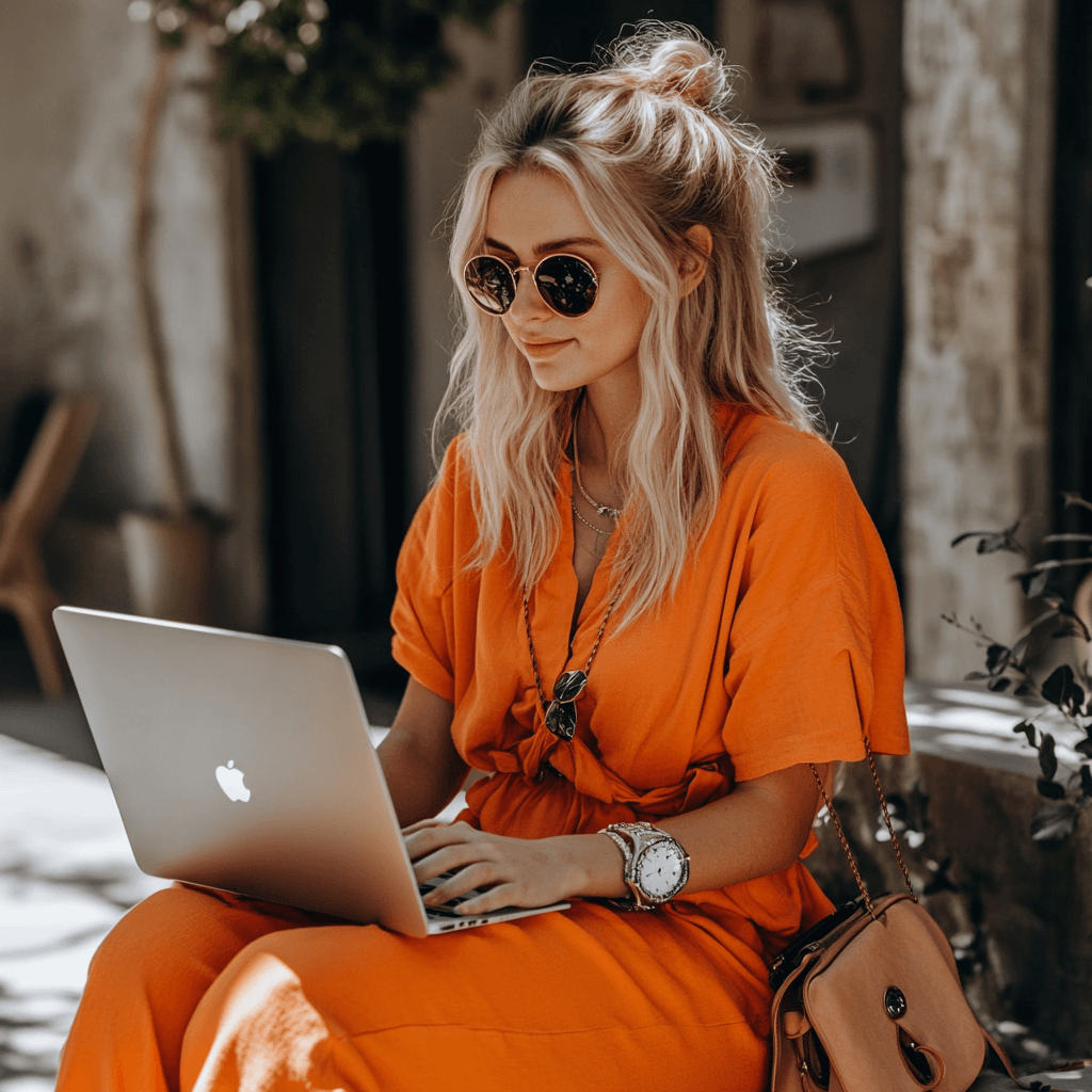 vrouw die buiten aan het werk is op een laptop met ahrefs