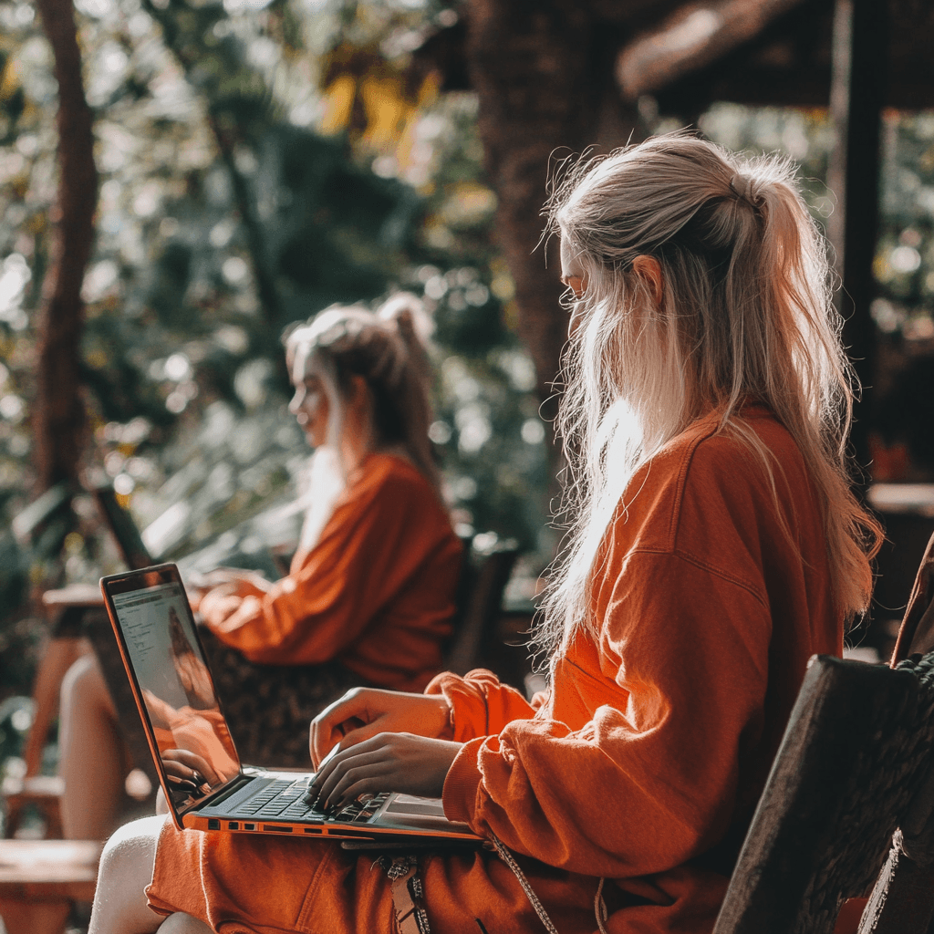 vrouwen die werken met ahrefs op een terras 