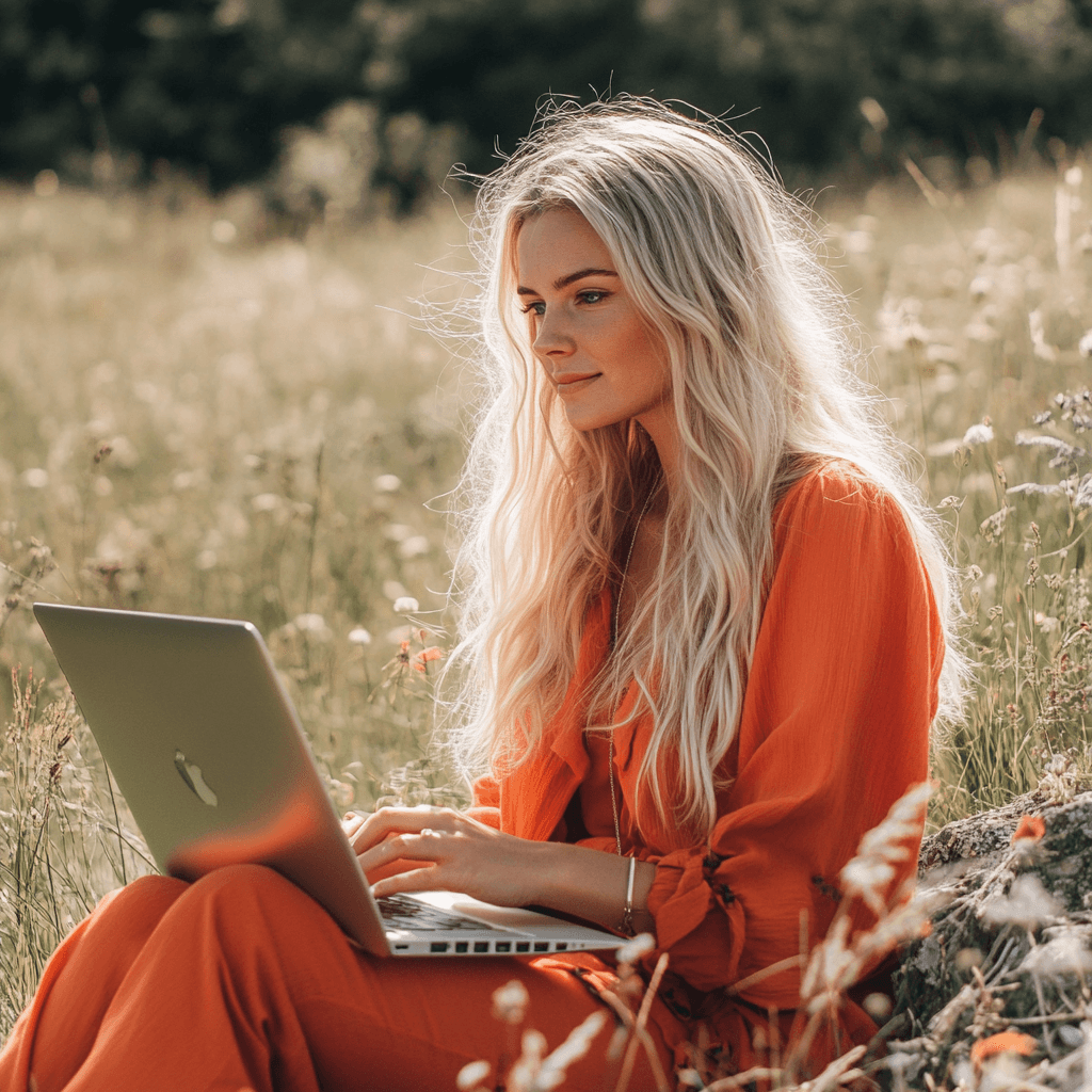 vrouw die in het gras zit met haar laptop en werkt met ahrefs
