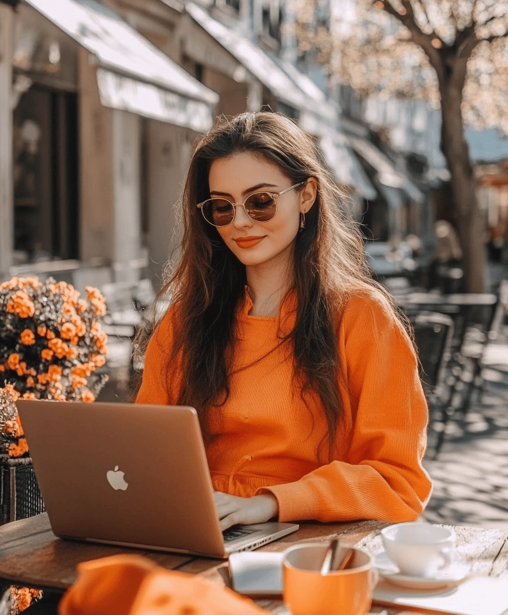 Vrouw met zonnebril in een oranje trui die buiten aan het werk is op een terras