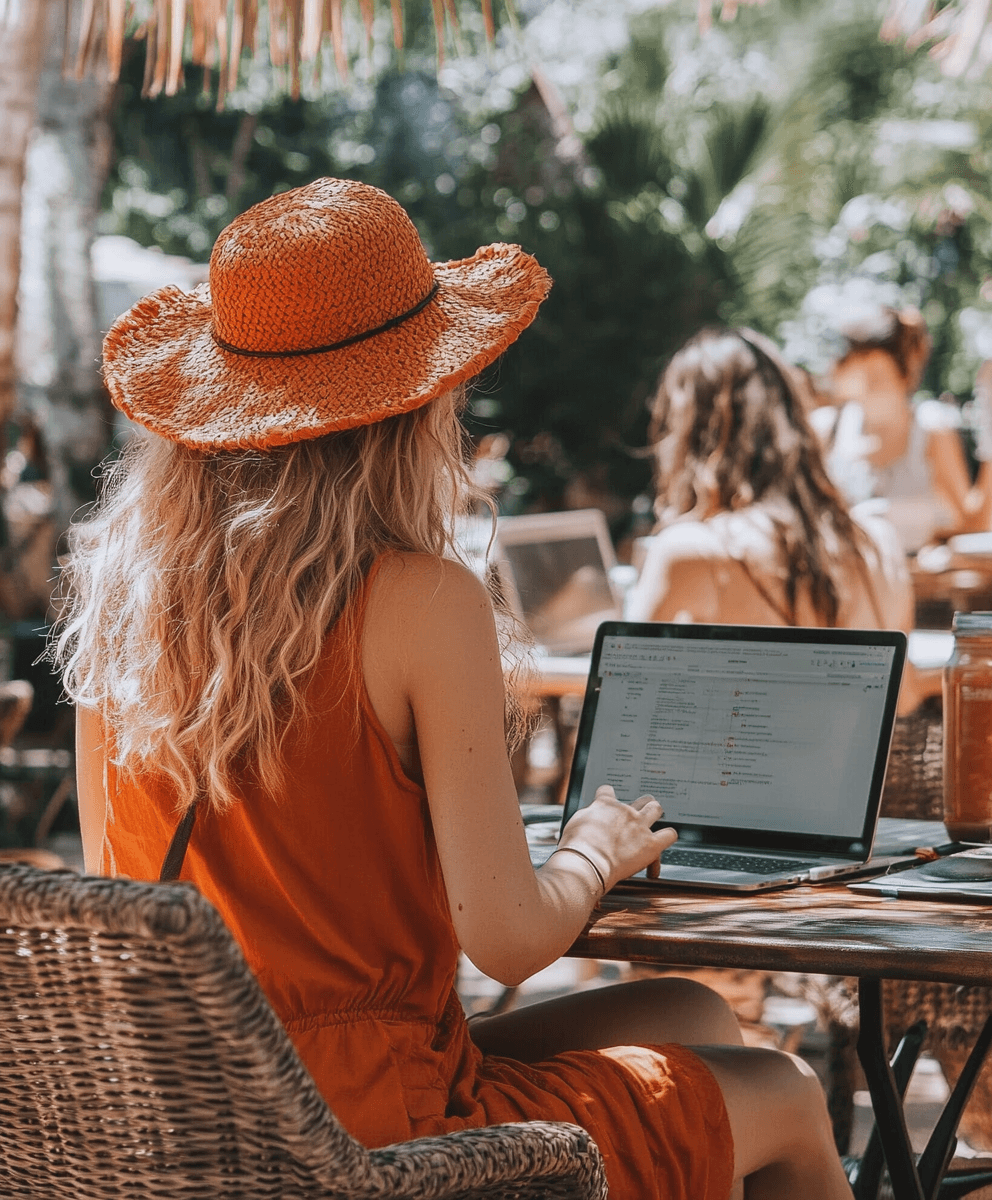 Vrouw die buiten aan werk is aan haar content voor de EEAT update