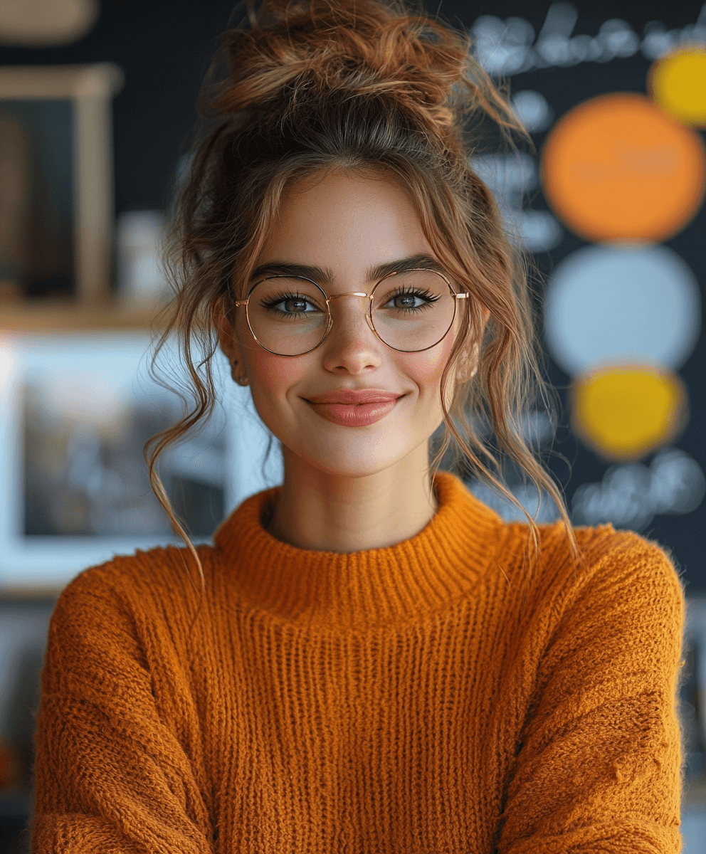 Vrouw met bril die blij is met de statistieken van Se ranking