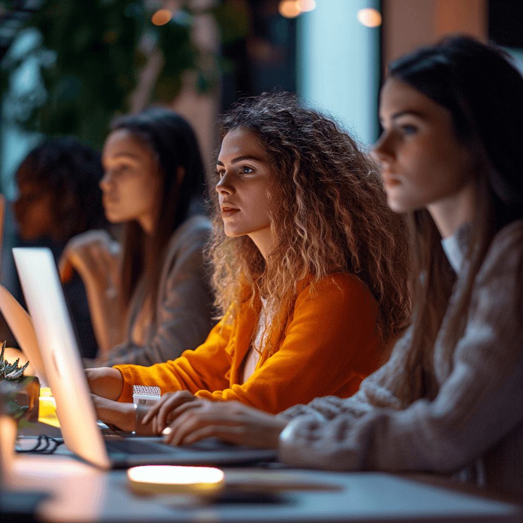 vrouw die zeer geïnteresseerd kijkt naar haar scherm op een laptop