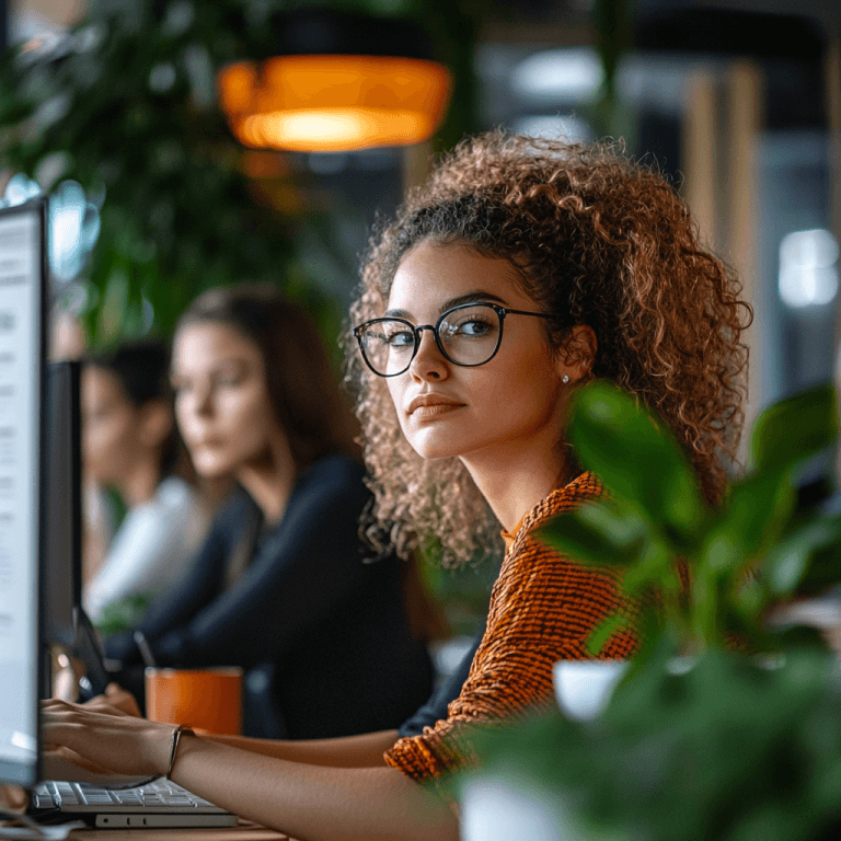 vrouw die de camera in kijkt licht getint met krullen en bezig is op haar computer met cpa