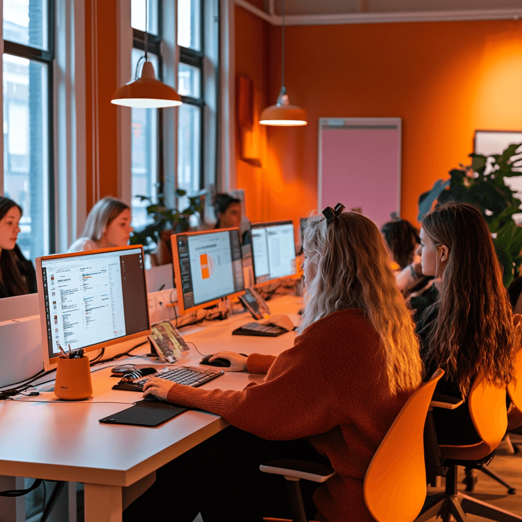 Kantoor met meerdere mensen die met ai aan het werken zijn