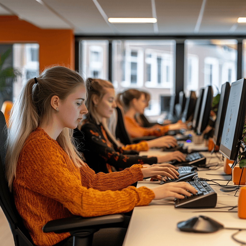 Mensen op desktop computer met oranje kleren aan die aan het werken zijn met ai