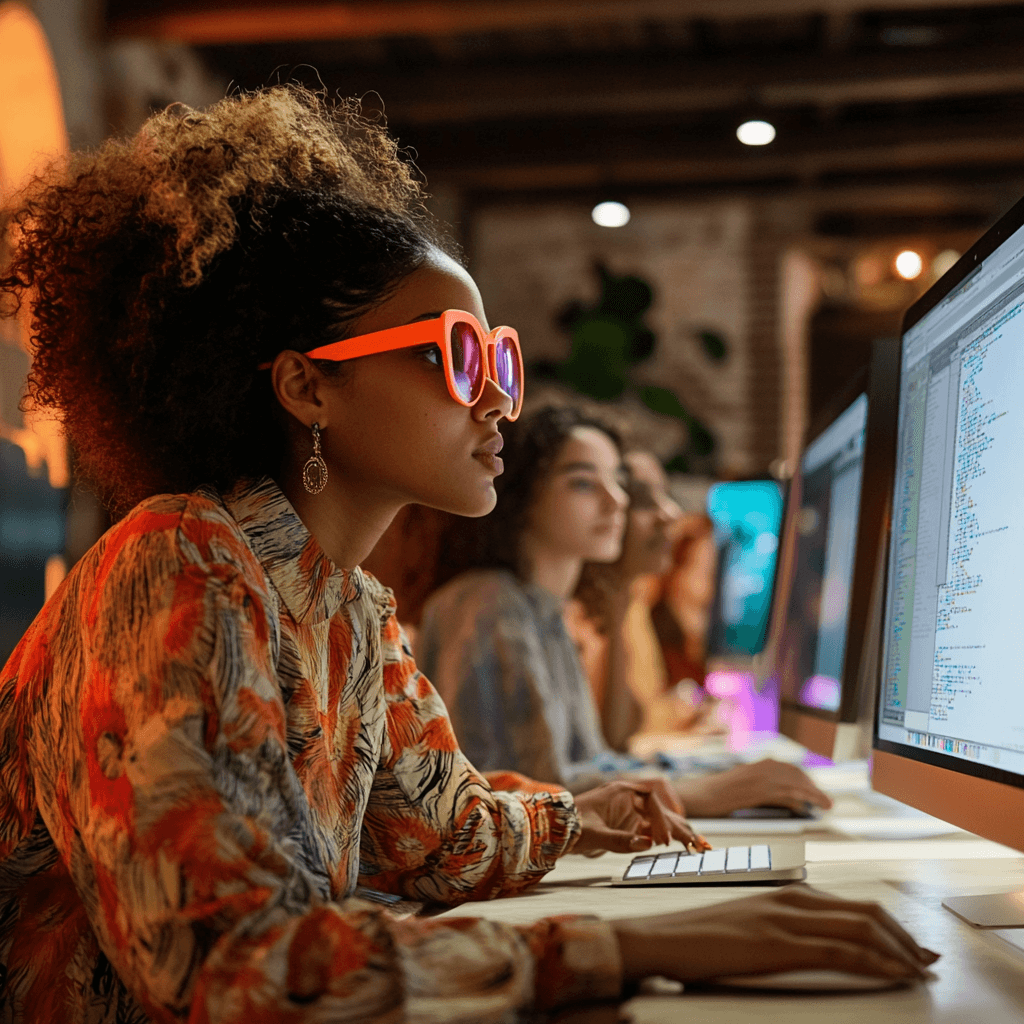 Vrouw met krullen en een oranje bril die achter haar computer aan het werken is met ai
