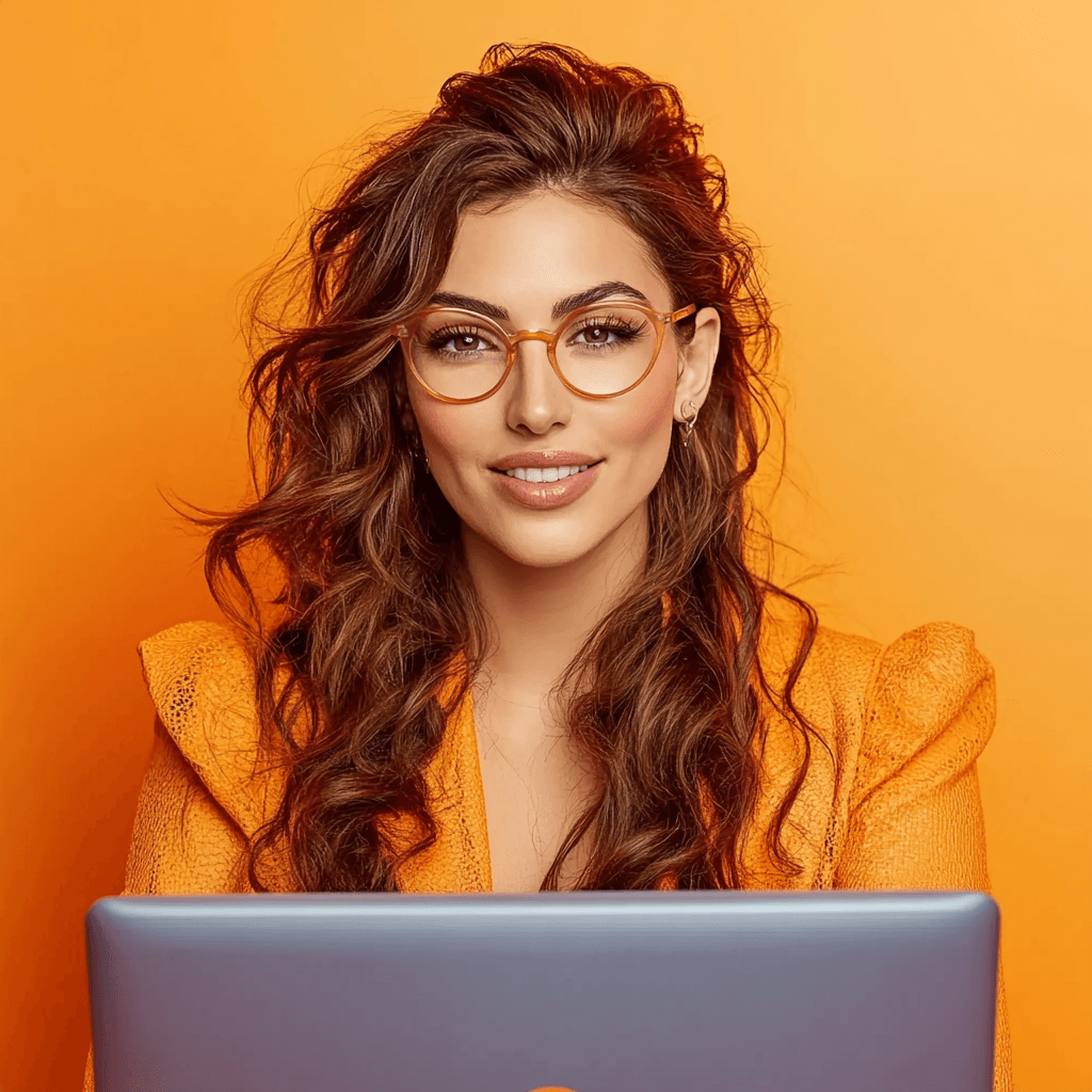 vrouw met krullen en een oranje achtergrond is op een laptop bezig met backlinks