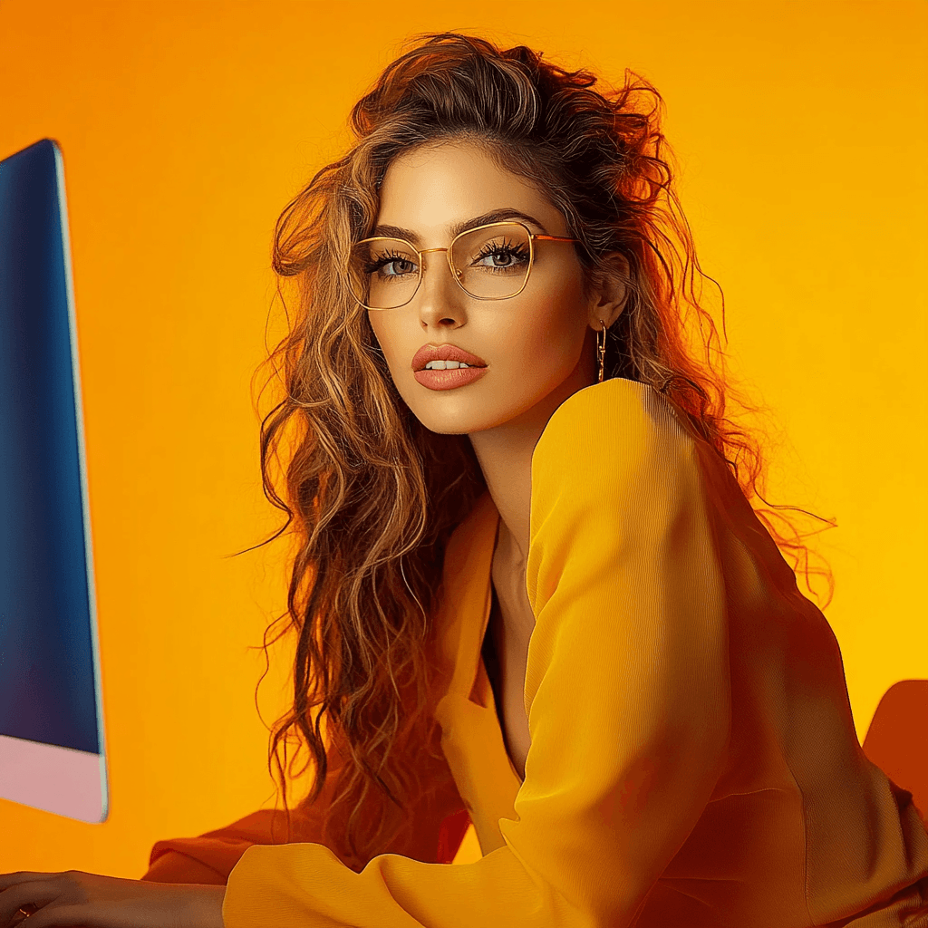 een vrouw met bril met oranje kleding die werkt aan haar voice seo