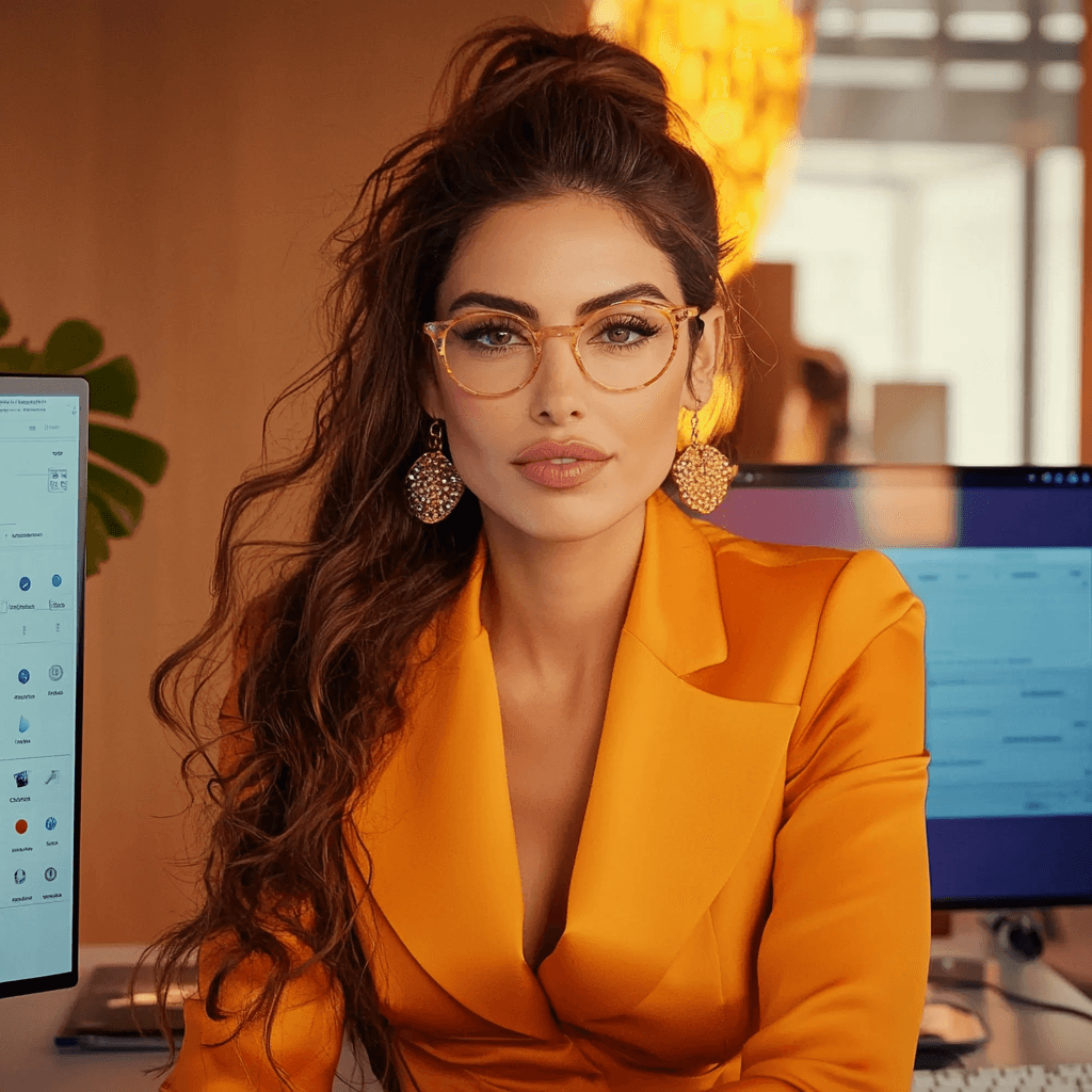 Een vrouw met een oranje jasje is bezig met backlinks