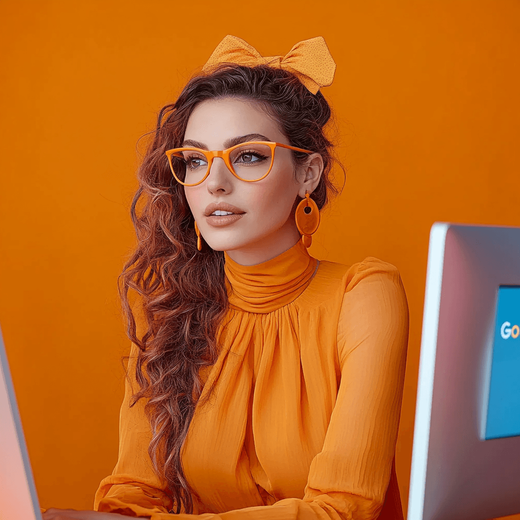 vrouw die werkt aan seo en sea met een oranje