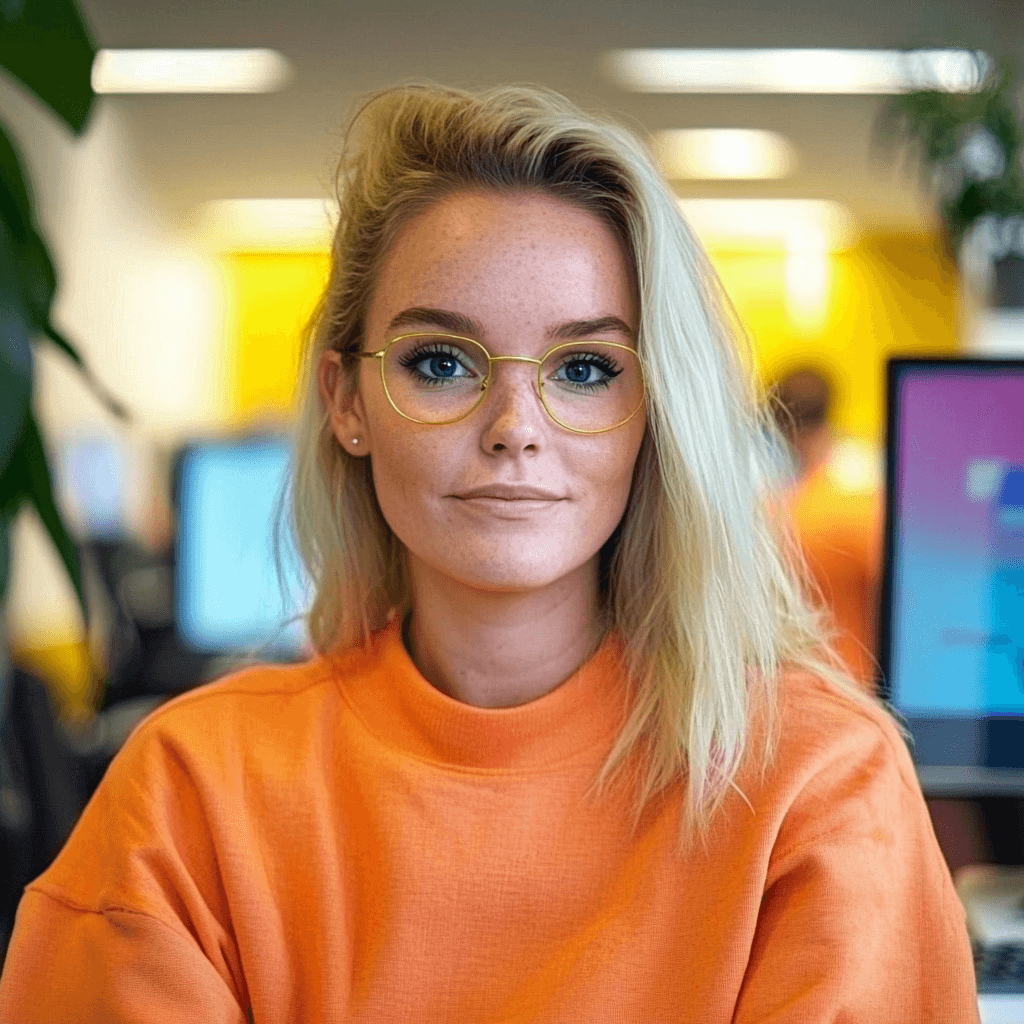 vrouw met blond haren en een oranje trui die werkt aan seo en sea