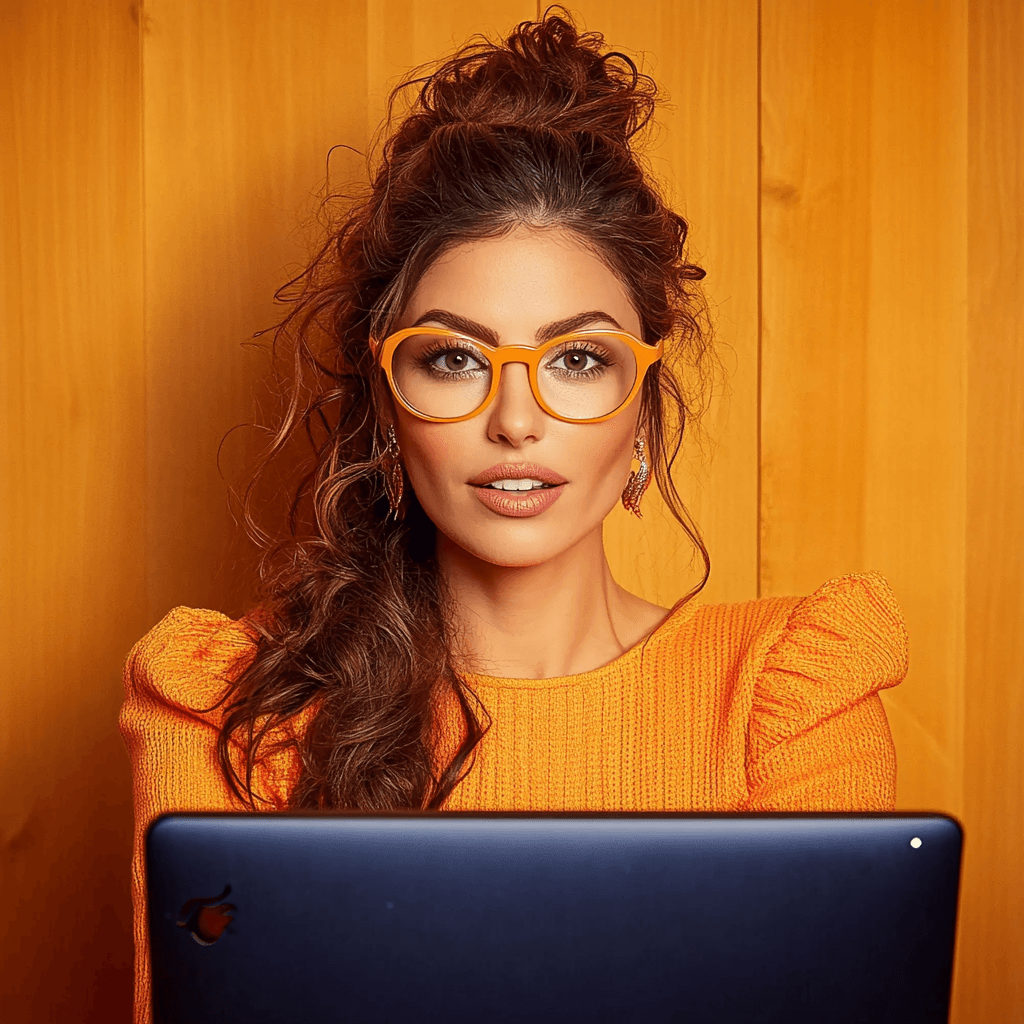 Mevrouw met een oranje bril en achtergrond die op de computer seo werk doet